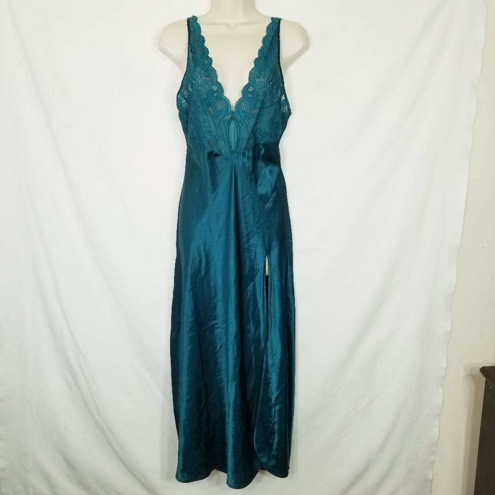 Vintage Womens Victorias Secret Green Satin Long Maxi Lace Sexy Slip Gown Slit S